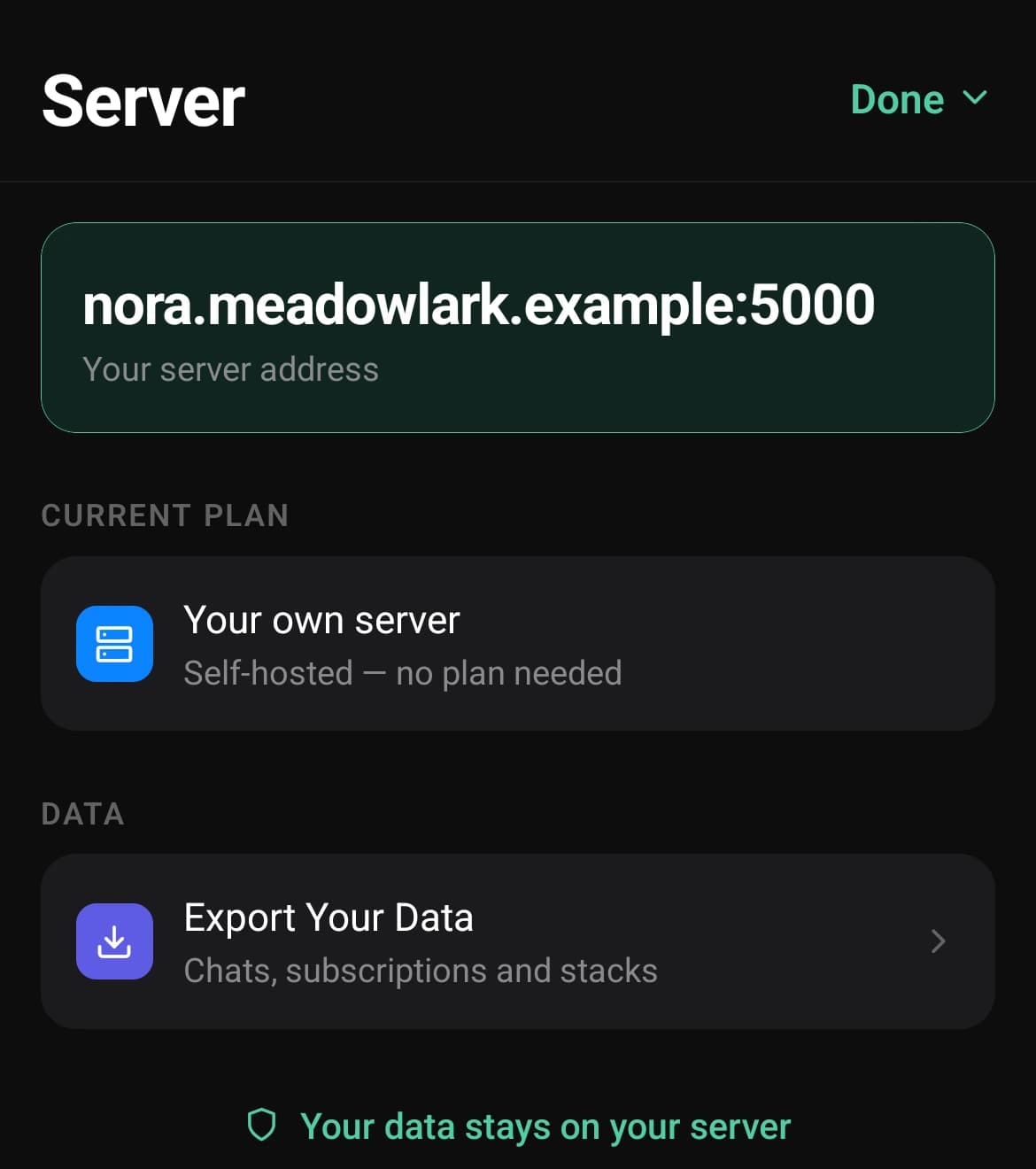 The Server screen, showing a self-hosted server address, a plan reading “Your own server — self-hosted, no plan needed”, and an option to export your data.