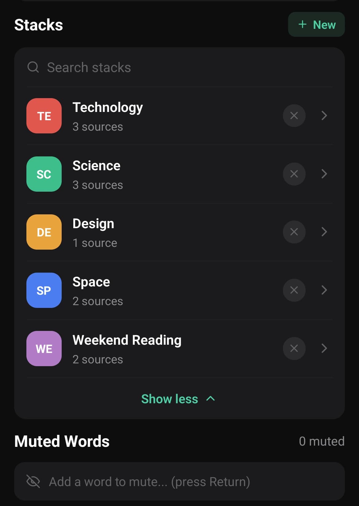 The Stacks screen, listing five topic stacks — Technology, Science, Design, Space, and Weekend Reading — with their source counts, above the muted-words field.